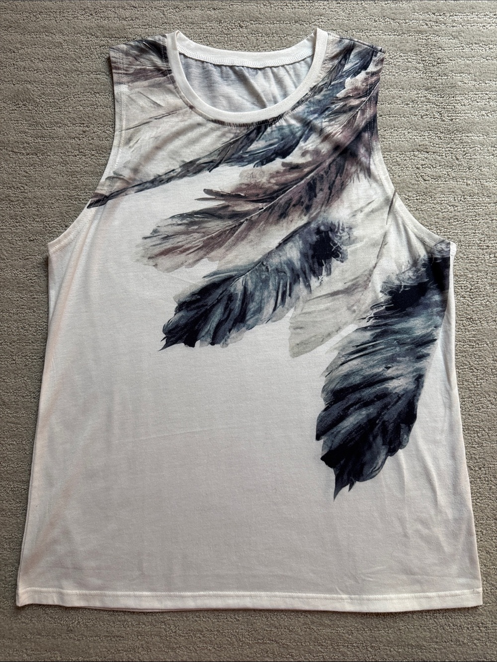 Women’s Feather-Print Sleeveless Tank Top - White/Gray/Blue/Purple